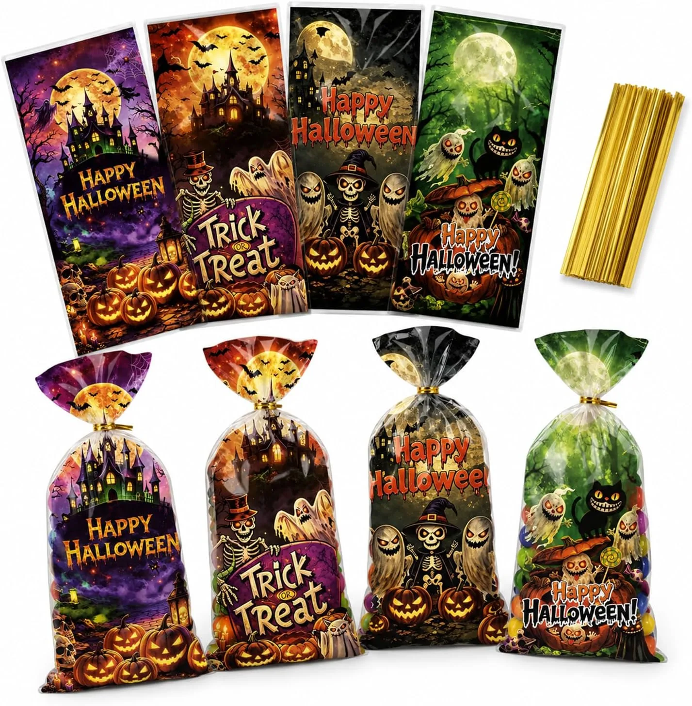 100Pcs Halloween Sweet Bags, Halloween Trick or Treat Bags with Twist Ties